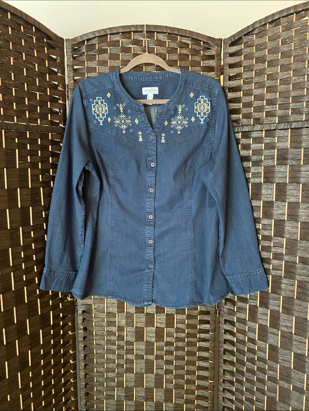 QVC Studio avd & co. Denim Embroidered Button-Front Blouse 97% Cotton